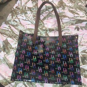 Dooney & Bourke Logo Print Black Tote Bag with Brown Handles